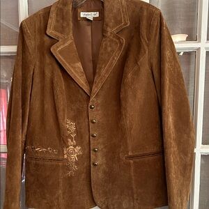 Coldwater Creek Tan Brown Suede Jacket Blazer  Floral Embroidery SZ L